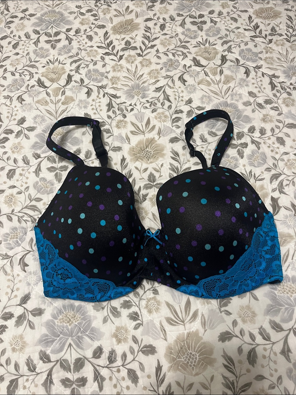 Deesse Lingerie Black Bra with Teal and Purple Polka Dots